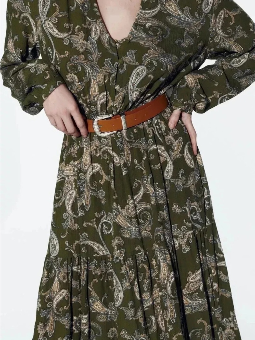 Zara Paisley Olive Long Sleeve Women’s Boho Midi Dress Size medium